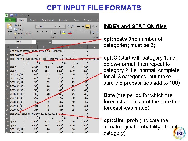 CPT INPUT FILE FORMATS INDEX and STATION files cpt: ncats (the number of categories;