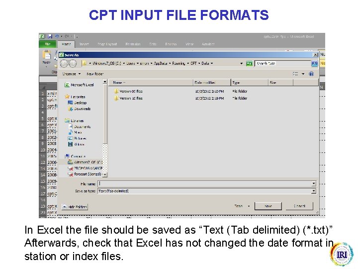 CPT INPUT FILE FORMATS In Excel the file should be saved as “Text (Tab