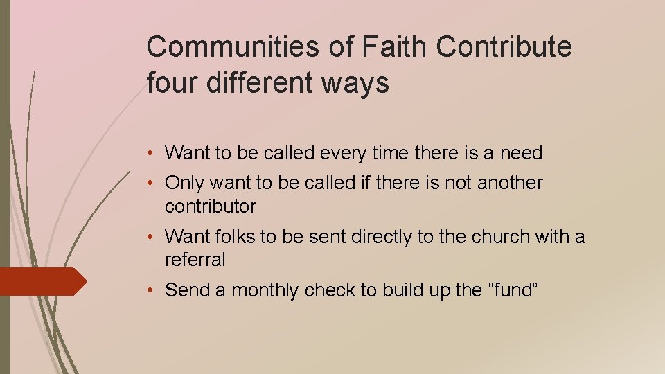 Communities of Faith Contribute four different ways • Want to be called every time