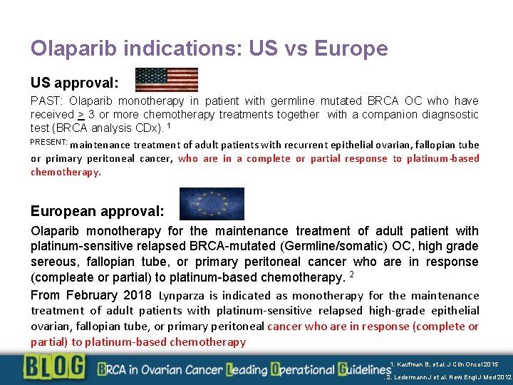 Olaparib indications: US vs Europe US approval: PAST: Olaparib monotherapy in patient with germline