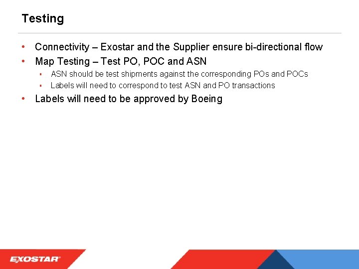 Testing • Connectivity – Exostar and the Supplier ensure bi-directional flow • Map Testing