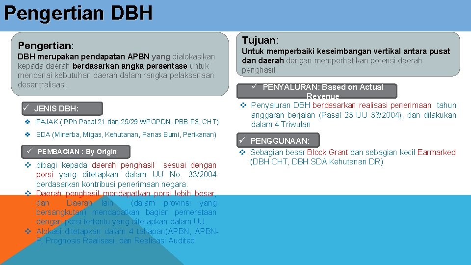 Pengertian DBH Pengertian: DBH merupakan pendapatan APBN yang dialokasikan kepada daerah berdasarkan angka persentase