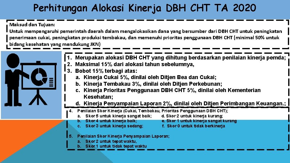 Perhitungan Alokasi Kinerja DBH CHT TA 2020 Maksud dan Tujuan: Untuk mempengaruhi pemerintah daerah