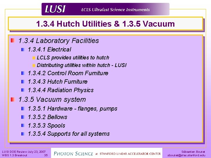 1. 3. 4 Hutch Utilities & 1. 3. 5 Vacuum 1. 3. 4 Laboratory