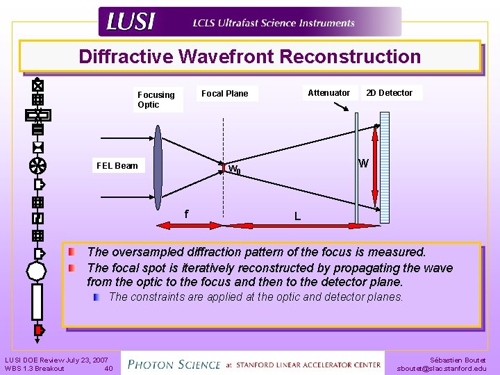 Diffractive Wavefront Reconstruction Attenuator Focal Plane Focusing Optic FEL Beam W w 0 f