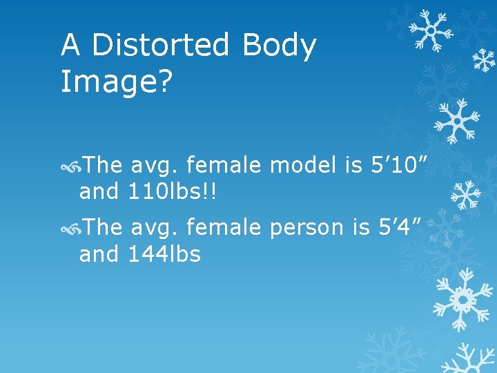 A Distorted Body Image? The avg. female model is 5’ 10” and 110 lbs!!