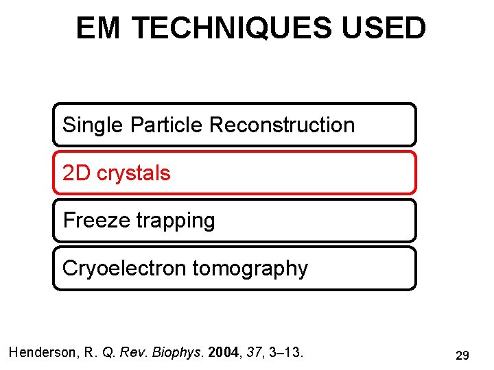 EM TECHNIQUES USED Single Particle Reconstruction 2 D crystals Freeze trapping Cryoelectron tomography Henderson,