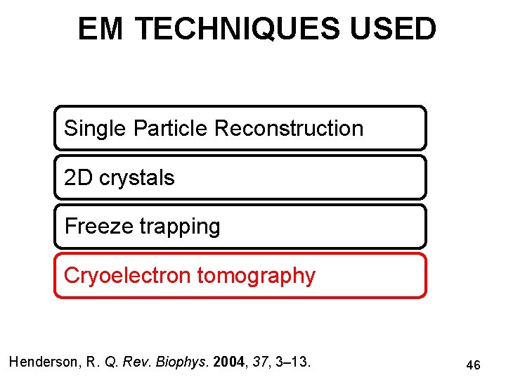 EM TECHNIQUES USED Single Particle Reconstruction 2 D crystals Freeze trapping Cryoelectron tomography Henderson,