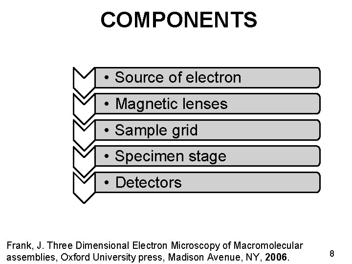 COMPONENTS • Source of electron • Magnetic lenses • Sample grid • Specimen stage