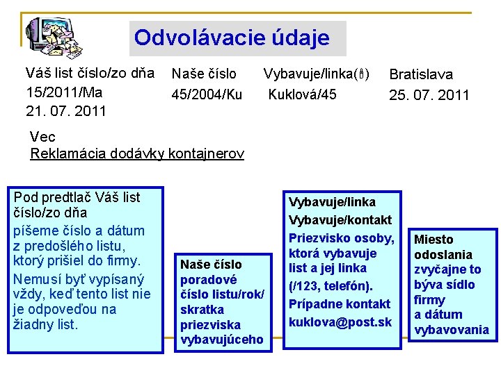 Odvolávacie údaje Váš list číslo/zo dňa 15/2011/Ma 21. 07. 2011 Naše číslo 45/2004/Ku Vybavuje/linka(