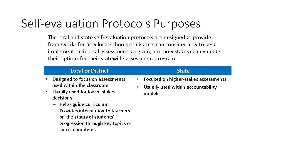 Self-evaluation Protocols Purposes The local and state self-evaluation protocols are designed to provide frameworks