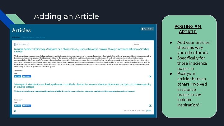 Adding an Article POSTING AN ARTICLE ● ● ● Add your articles the same