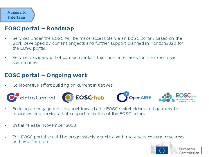 Access & Interface EOSC portal – Roadmap • Services under the EOSC will be