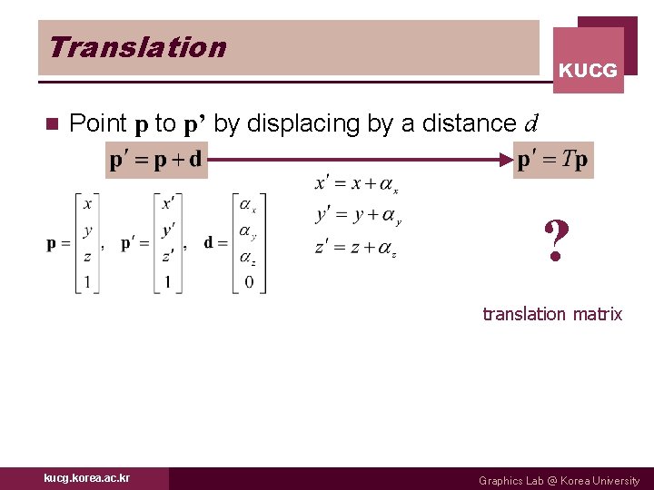 Translation n KUCG Point p to p’ by displacing by a distance d ?