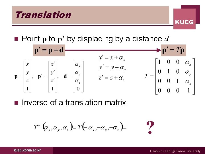 Translation KUCG n Point p to p’ by displacing by a distance d n