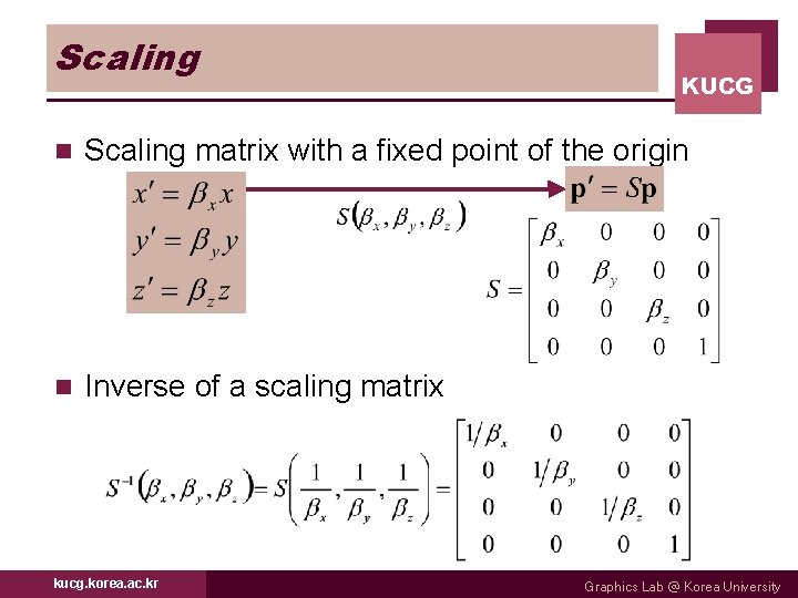 Scaling KUCG n Scaling matrix with a fixed point of the origin n Inverse