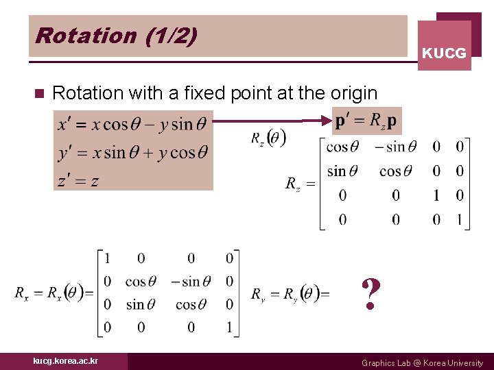 Rotation (1/2) n KUCG Rotation with a fixed point at the origin ? kucg.