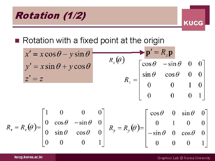 Rotation (1/2) n KUCG Rotation with a fixed point at the origin kucg. korea.