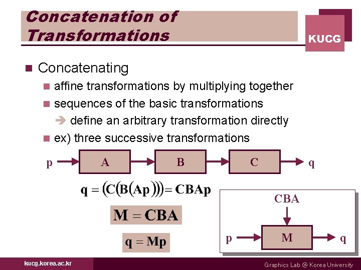 Concatenation of Transformations n KUCG Concatenating affine transformations by multiplying together n sequences of