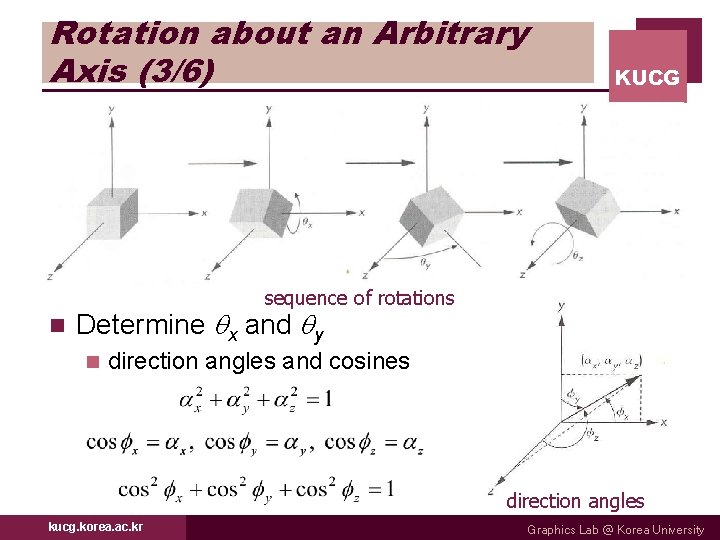 Rotation about an Arbitrary Axis (3/6) KUCG sequence of rotations n Determine x and