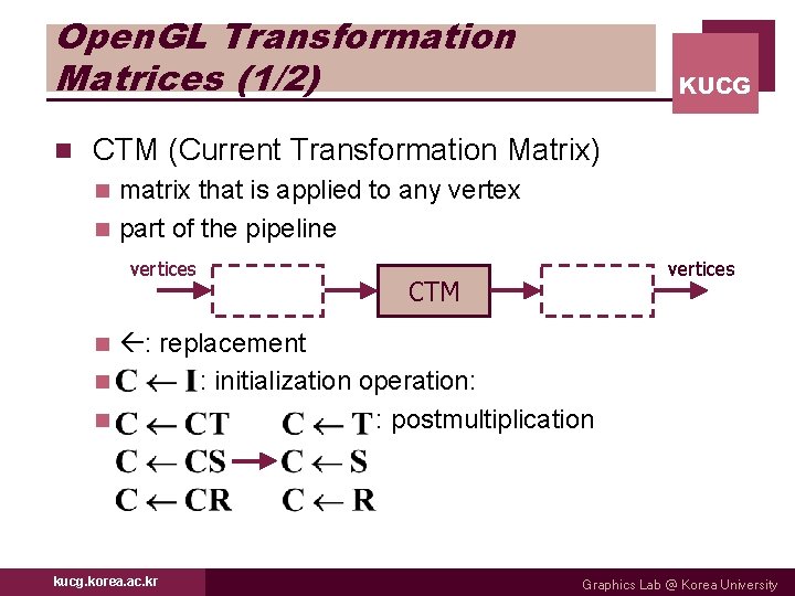 Open. GL Transformation Matrices (1/2) n KUCG CTM (Current Transformation Matrix) matrix that is