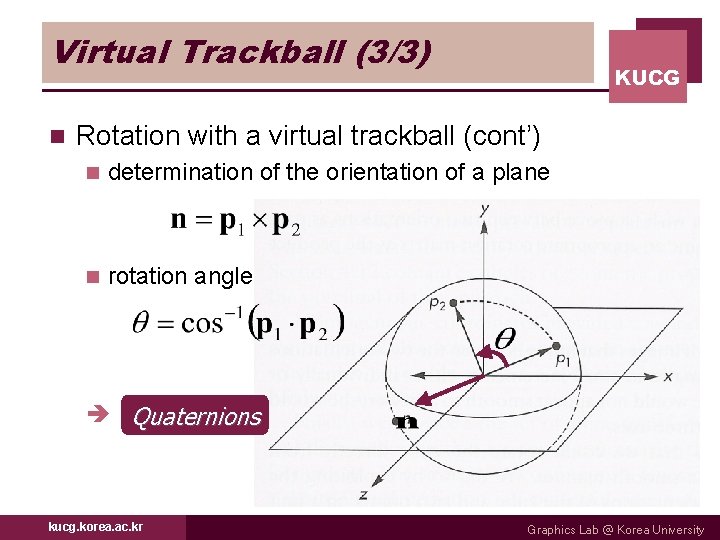 Virtual Trackball (3/3) n KUCG Rotation with a virtual trackball (cont’) n determination of