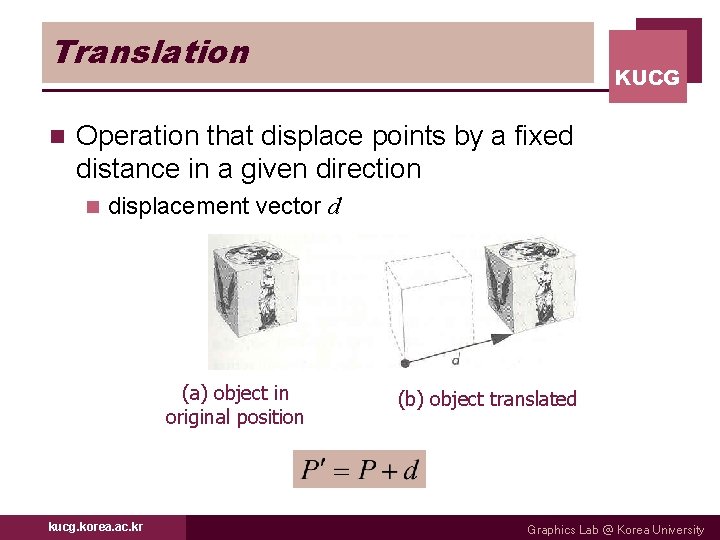 Translation n KUCG Operation that displace points by a fixed distance in a given