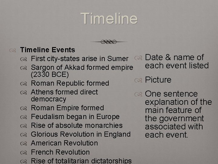Timeline Events First city-states arise in Sumer Sargon of Akkad formed empire (2330 BCE)