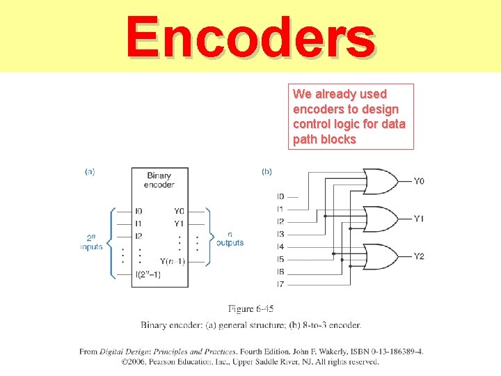 Encoders We already used encoders to design control logic for data path blocks Encoders We already used encoders to design control logic for data path blocks