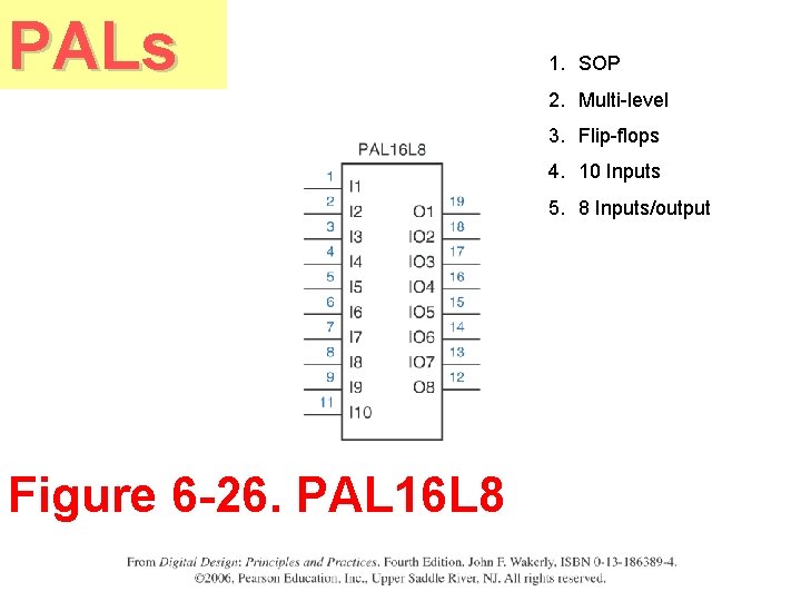 PALs 1. SOP 2. Multi-level 3. Flip-flops 4. 10 Inputs 5. 8 Inputs/output Figure