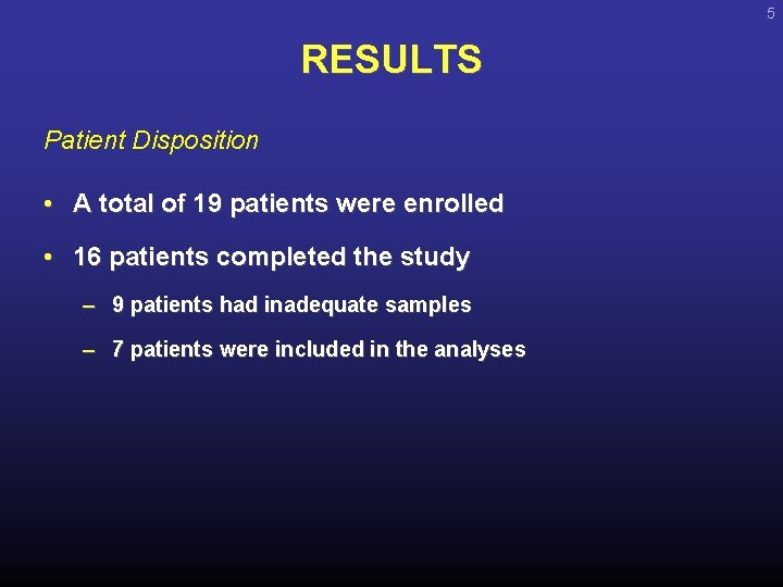 5 RESULTS Patient Disposition • A total of 19 patients were enrolled • 16