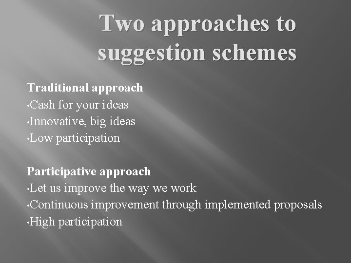 Two approaches to suggestion schemes Traditional approach • Cash for your ideas • Innovative,