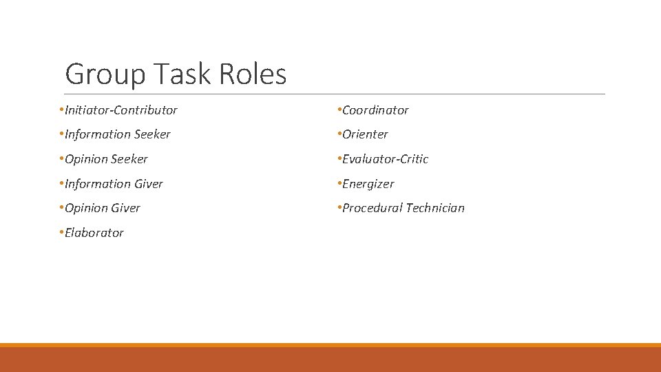 Group Task Roles • Initiator-Contributor • Coordinator • Information Seeker • Orienter • Opinion Group Task Roles • Initiator-Contributor • Coordinator • Information Seeker • Orienter • Opinion