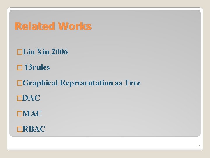 Related Works �Liu Xin 2006 � 13 rules �Graphical Representation as Tree �DAC �MAC