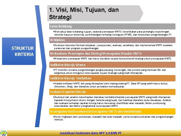 1. Visi, Misi, Tujuan, dan Strategi Latar Belakang • Mencakup latar belakang, tujuan, rasional