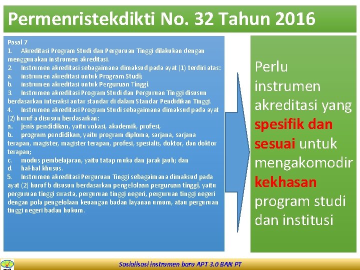 Permenristekdikti No. 32 Tahun 2016 Pasal 7 1. Akreditasi Program Studi dan Perguruan Tinggi