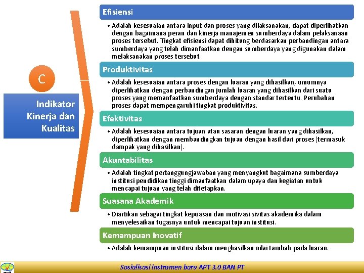 Efisiensi • Adalah kesesuaian antara input dan proses yang dilaksanakan, dapat diperlihatkan dengan bagaimana