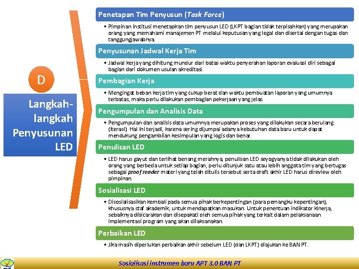 Penetapan Tim Penyusun (Task Force) • Pimpinan institusi menetapkan tim penyusun LED (LKPT bagian