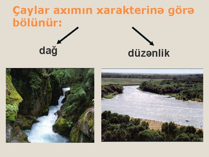 Çaylar axımın xarakterinə görə bölünür: dağ düzənlik 