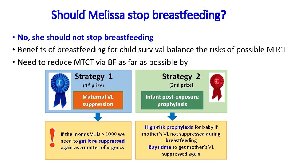 Should Melissa stop breastfeeding? • No, she should not stop breastfeeding • Benefits of