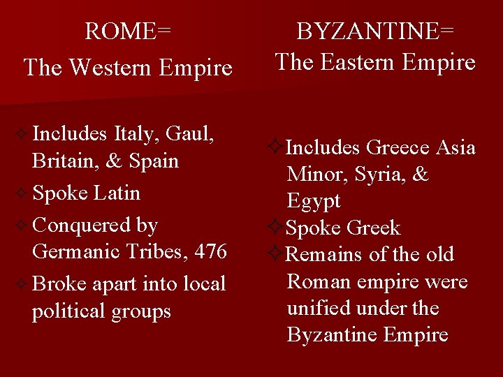 ROME= The Western Empire ² Includes Italy, Gaul, Britain, & Spain ² Spoke Latin