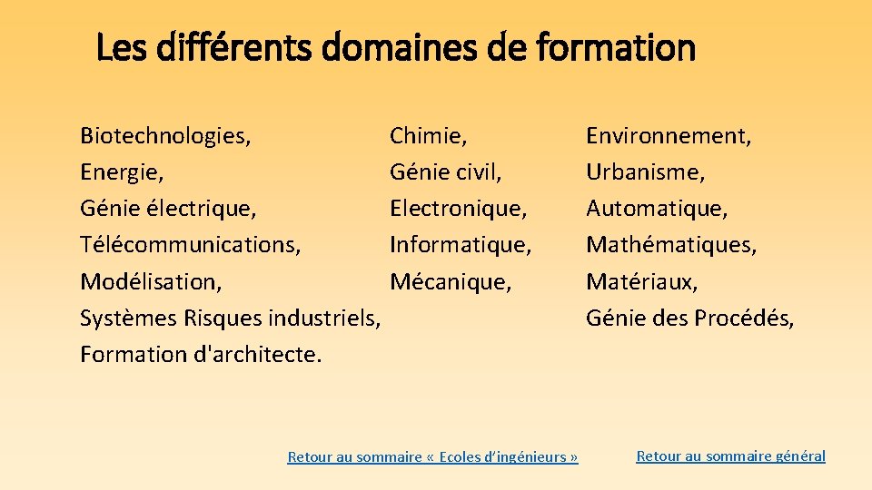Les différents domaines de formation Biotechnologies, Energie, Génie électrique, Télécommunications, Modélisation, Systèmes Risques industriels,