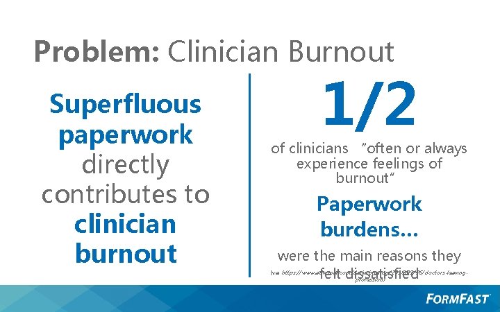 Problem: Clinician Burnout Superfluous paperwork directly contributes to clinician burnout 1/2 of clinicians “often