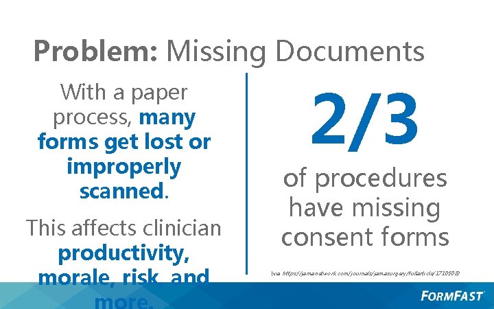 Problem: Missing Documents With a paper process, many forms get lost or improperly scanned.