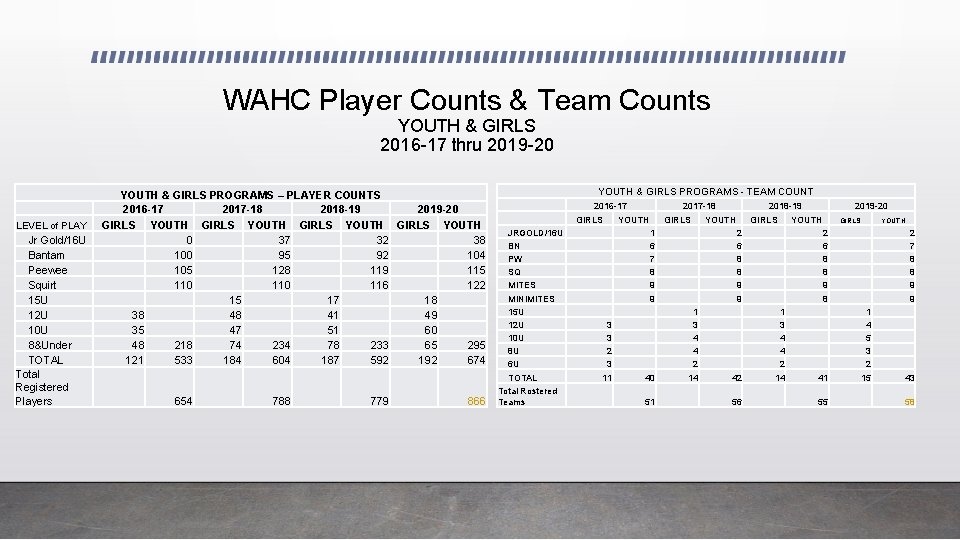 WAHC Player Counts & Team Counts YOUTH & GIRLS 2016 -17 thru 2019 -20