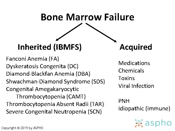 Bone Marrow Failure Inherited (IBMFS) Fanconi Anemia (FA) Dyskeratosis Congenita (DC) Diamond-Blackfan Anemia (DBA)