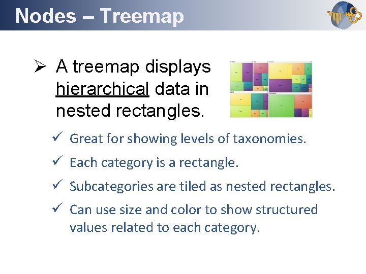 Nodes – Treemap Outline Ø A treemap displays hierarchical data in nested rectangles. ü