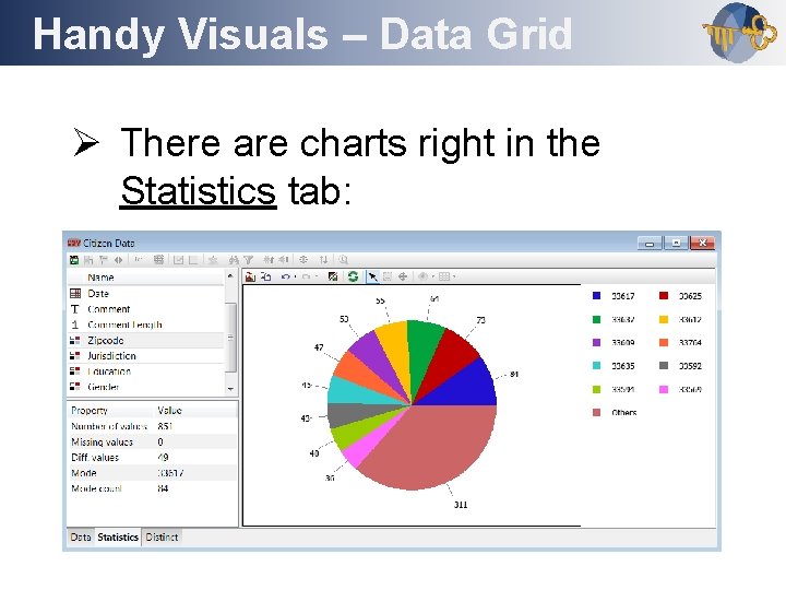 Handy Visuals – Data Grid Outline Ø There are charts right in the Statistics