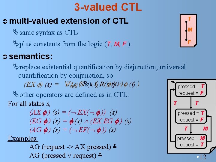 3 -valued CTL Ü multi-valued extension of CTL T Äsame syntax as CTL M