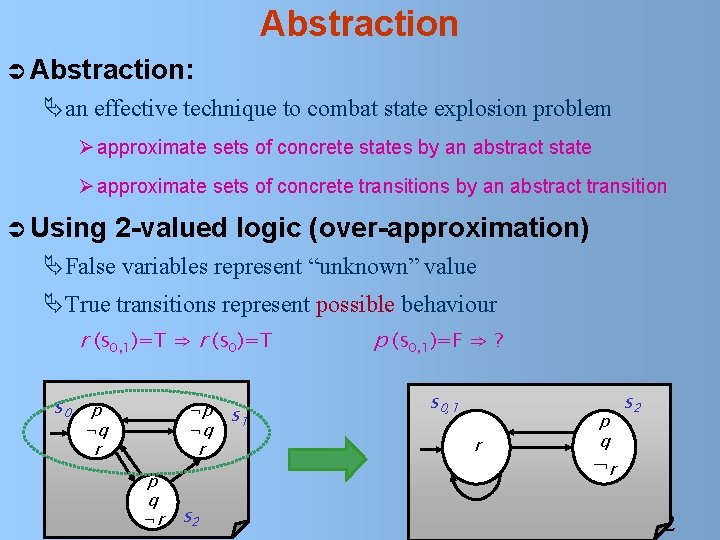 Abstraction Ü Abstraction: Äan effective technique to combat state explosion problem Ø approximate sets